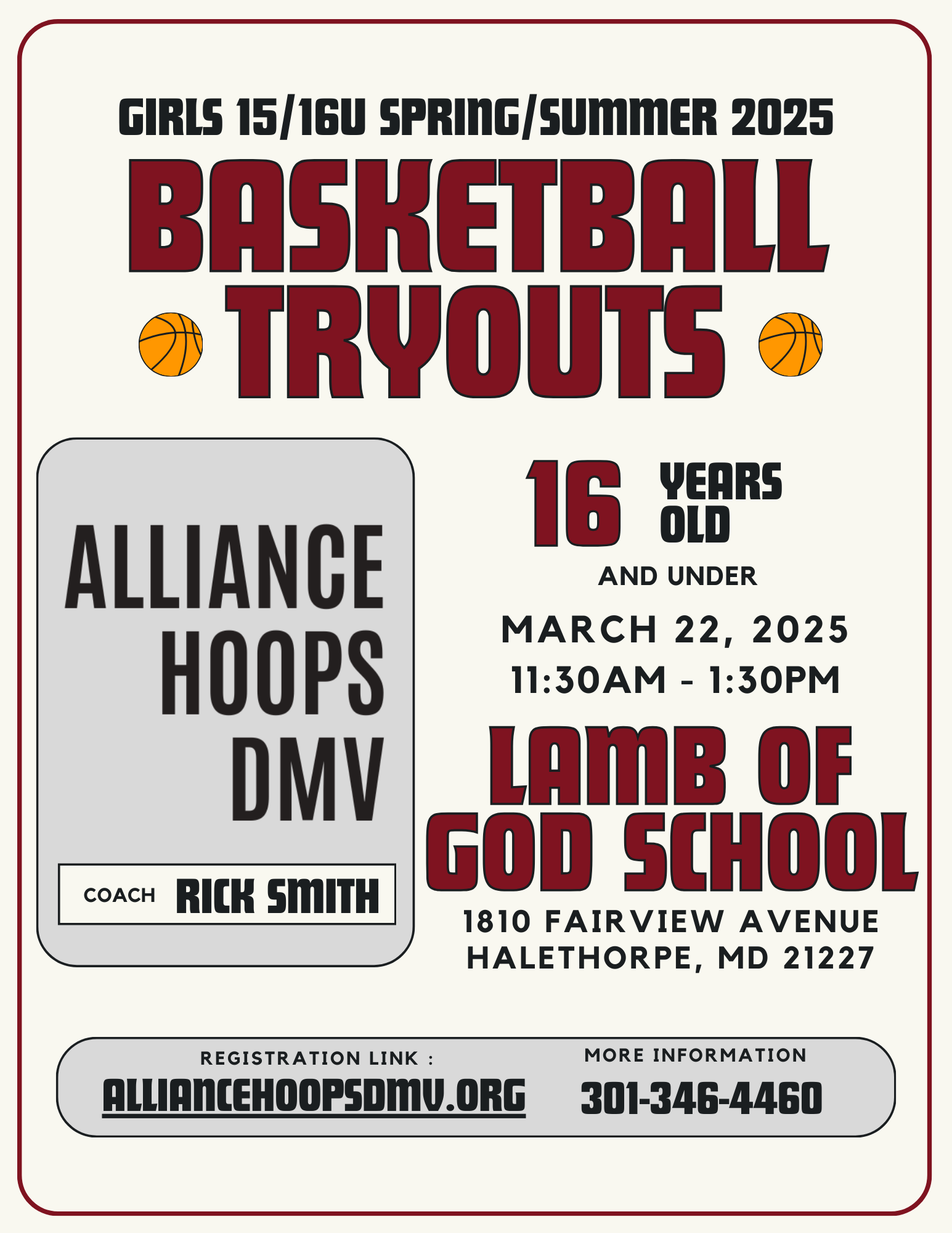 GIRLS AAU 15/16U BASKETBALL TRYOUTS FLYER FOR ALLIANCE HOOPS DMV